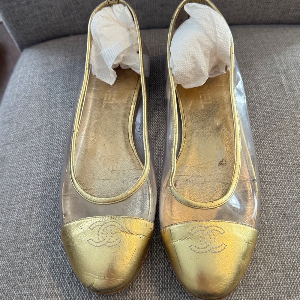 CHANEL Gold and Clear Mesh Cap-Toe Ballet Flats - Picture 2 of 7